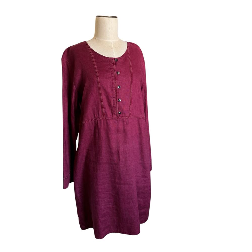 Vintage J. Jill Dress Womens Size L 100% Linen Burgundy Button Bib Neck Coastal